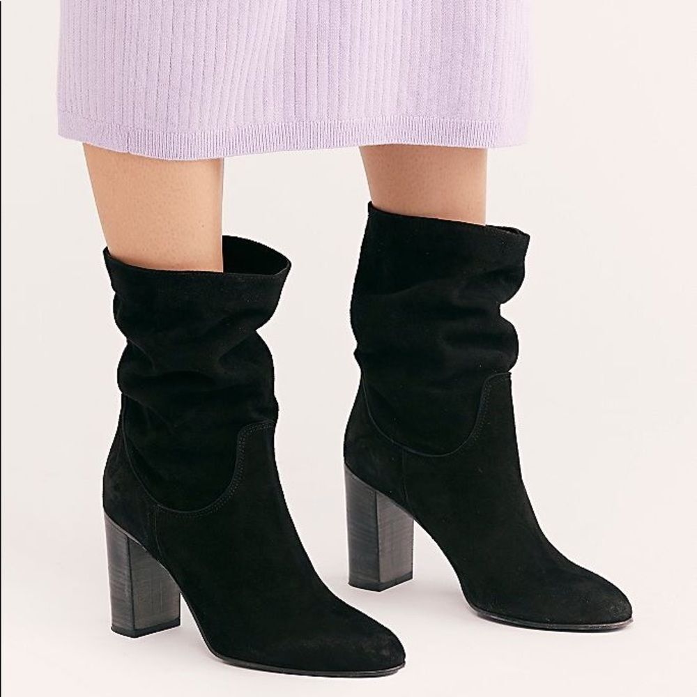 Free People Black Suede Slouchy Boots Sz 41 11 Dakota Stacked Block Heel Pull On